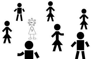 The Girl With The Curly Hair surrounded by neurotypical people, appearing anxious - autism courses for autistic people