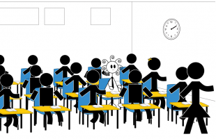 The Girl With The Curly Hair sitting in a crowded classroom looking anxious. Illustrating the need for autism courses for teachers.