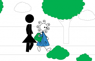 Illustration of the girl with the curly hair walking to school with a sad expression, our autism courses for parents can help them develop a deeper understanding of their child's experiences and how to support them.