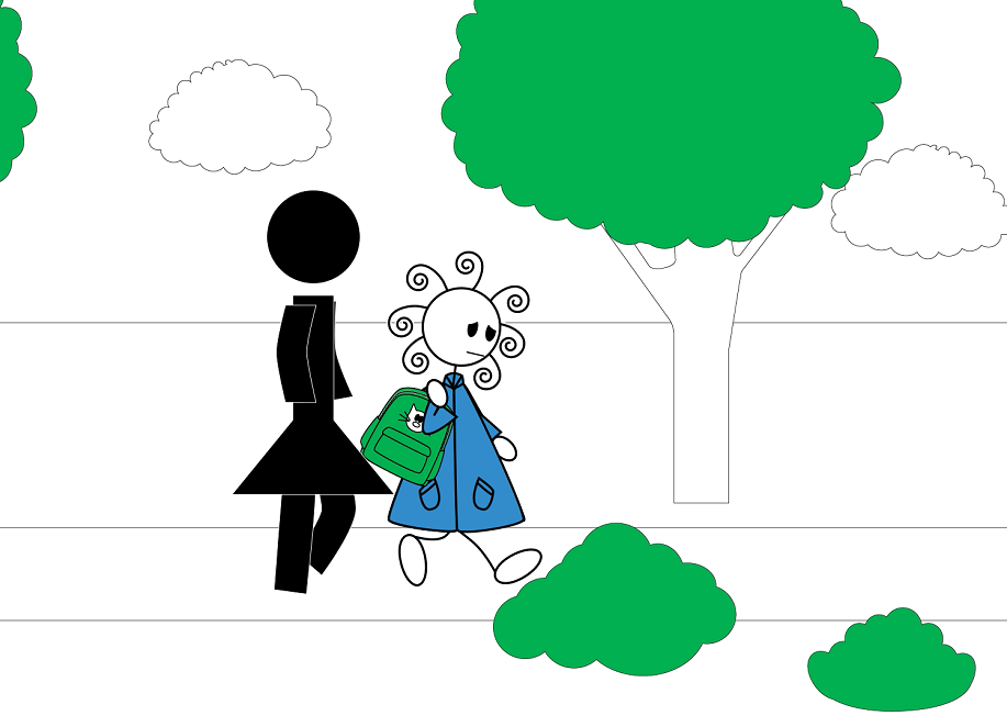 Illustration of the girl with the curly hair walking to school with a sad expression, our autism courses for parents can help them develop a deeper understanding of their child's experiences and how to support them.