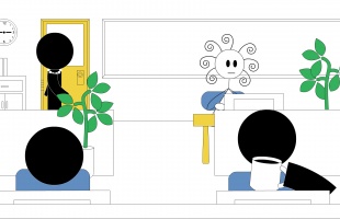 Illustration of a girl with curly hair working at her desk in an office setting, representing autism courses for employers