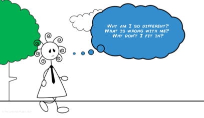 The girl with curly hair walking, looking thoughtful with a cloud of text above her head asking, ‘Why am I so different? What is wrong with me? Why don’t I fit in?’ illustrating the feeling ‘I feel different.’