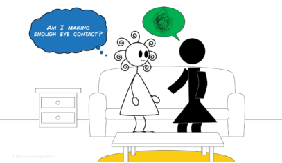Anxious around people: Illustration of the girl with curly hair on a sofa, wondering if she’s making enough eye contact with a friend