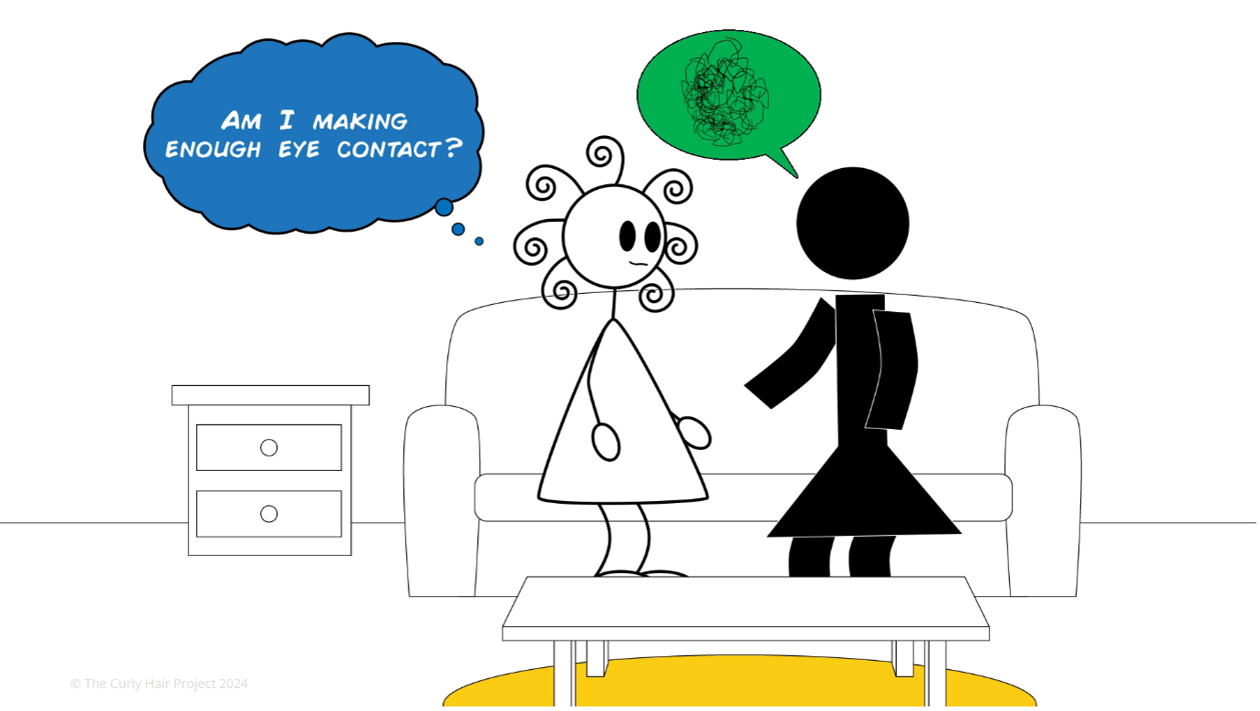 Anxious around people: Illustration of the girl with curly hair on a sofa, wondering if she’s making enough eye contact with a friend